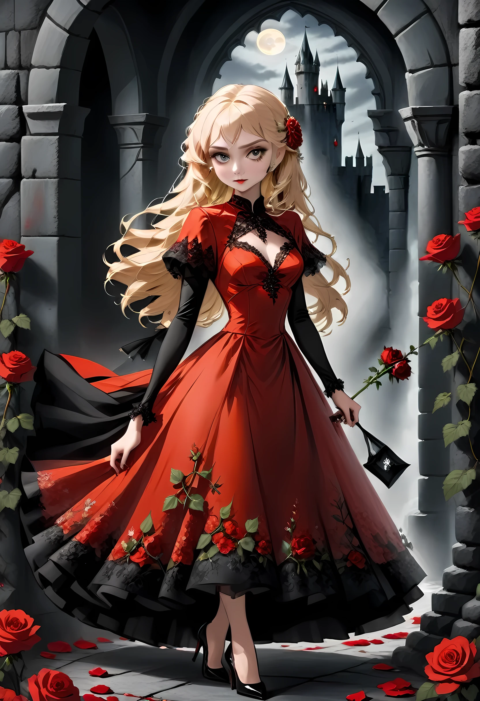 Dark fantasy art, fantasy art, goth art,  a picture of a female vampire, exquisite beauty, full body shot, dark glamour shot,  pale white skin, blond hair, long hair, wavy hair, (glowing grey: 1.3) eyes,  she  wears a (red: 1.3) red dress, ArmoredDress, the roses are imprinted on the dress (black: 1.4)  black roses, high heels, dark castle, dark, black and color, Dark Art Painting Style, flower dress