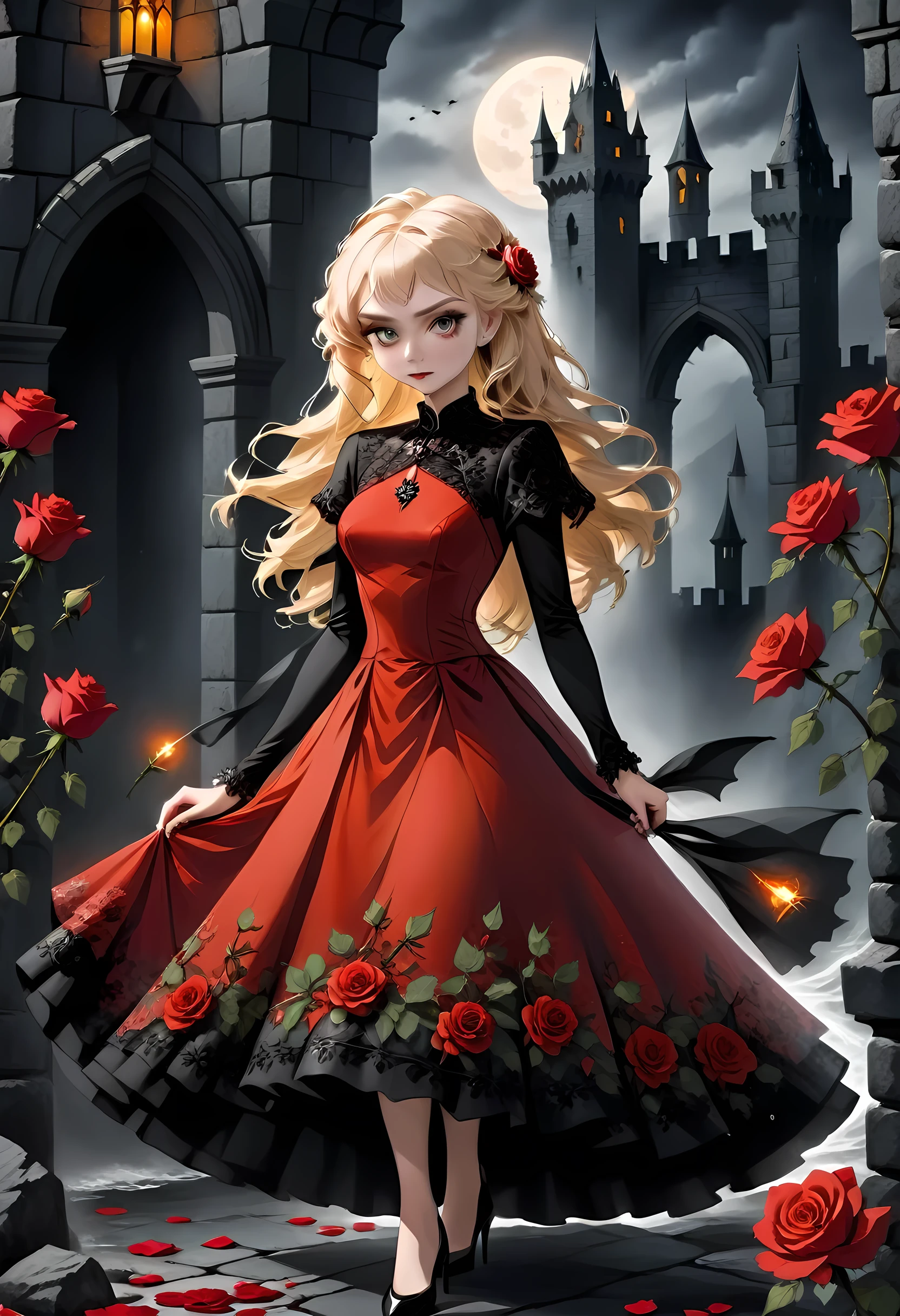 Dark fantasy art, fantasy art, goth art,  a picture of a female vampire, exquisite beauty, full body shot, dark glamour shot,  pale white skin, blond hair, long hair, wavy hair, (glowing grey: 1.3) eyes,  she  wears a (red: 1.3) red dress, ArmoredDress, the roses are imprinted on the dress (black: 1.4)  black roses, high heels, dark castle, dark, black and color, Dark Art Painting Style, flower dress