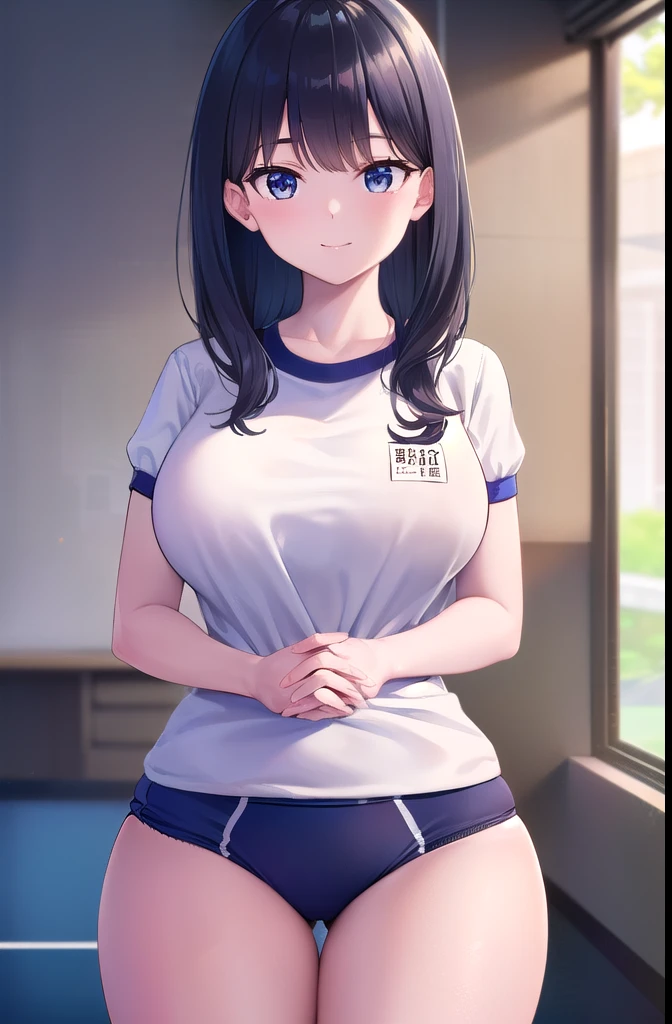 Rikka body, rikka takarada, Black Hair, blue eyes, Long HairRikka body, rikka takarada, Black Hair, blue eyes, Long Hair, orange Scrunchie, Scrunchie, wrist Scrunchie break ((((((ted bloomer))))),(((((white shirts)))))‚(((((gym clothes))))) break indoors, classroom, break looking at viewer, (Cowboy Shot:1.5), break (masterpiece:1.2), highest quality, High resolution, unity 8k wallpaper, (figure:0.8), (Beautiful fine details:1.6), Highly detailed face, Perfect lighting, Highly detailed CG, (Perfect hands, Perfect Anatomy),((Big Breasts))‚(((Thighs))),smile