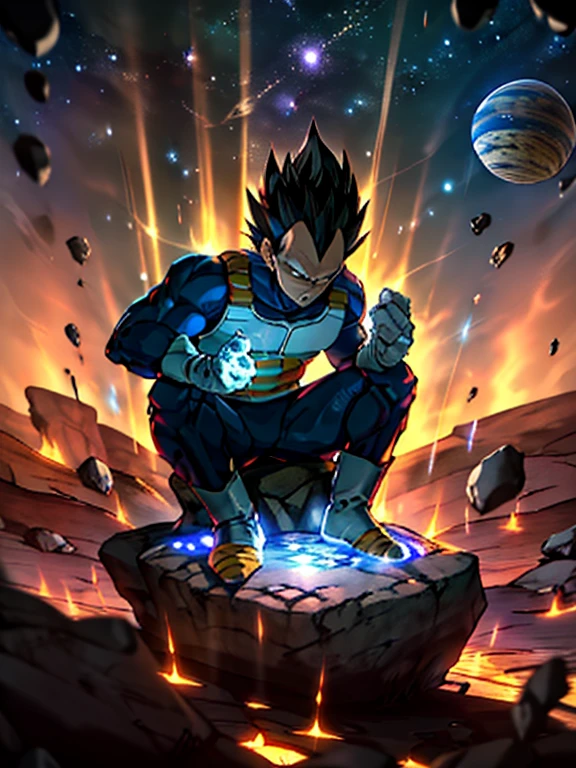 Draw a young Vegeta sitting on a rock in the middle of an asteroid belt.. Lleva una armadura saiyajin con una capa principesca.. He is forming a ball of energy in his hands., rodeado de varios asteroides que brillan con auras de fuego. Dramatic lighting from distant stars and planets illuminates the scene, Proyectando sombras profundas sobre el disfraz.. El joven parece confiado y decidido, Looking at the vast and mysterious universe with admiration and respect.