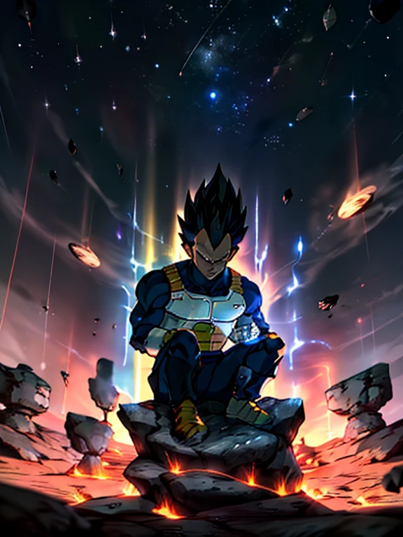 Draw a young Vegeta sitting on a rock in the middle of an asteroid belt.. Lleva una armadura saiyajin con una capa principesca.. He is forming a ball of energy in his hands., rodeado de varios asteroides que brillan con auras de fuego. Dramatic lighting from distant stars and planets illuminates the scene, Proyectando sombras profundas sobre el disfraz.. El joven parece confiado y decidido, Looking at the vast and mysterious universe with admiration and respect.