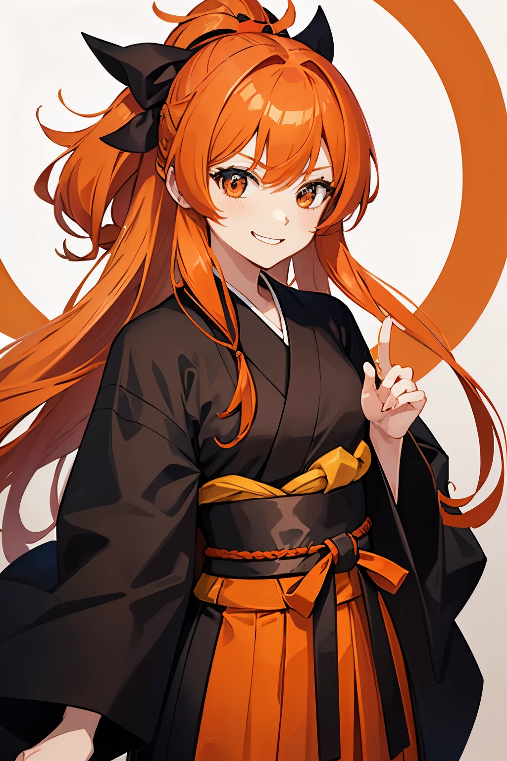 girl, orange hair, long hair, black shihakusho, black kimono, black hakama, smile