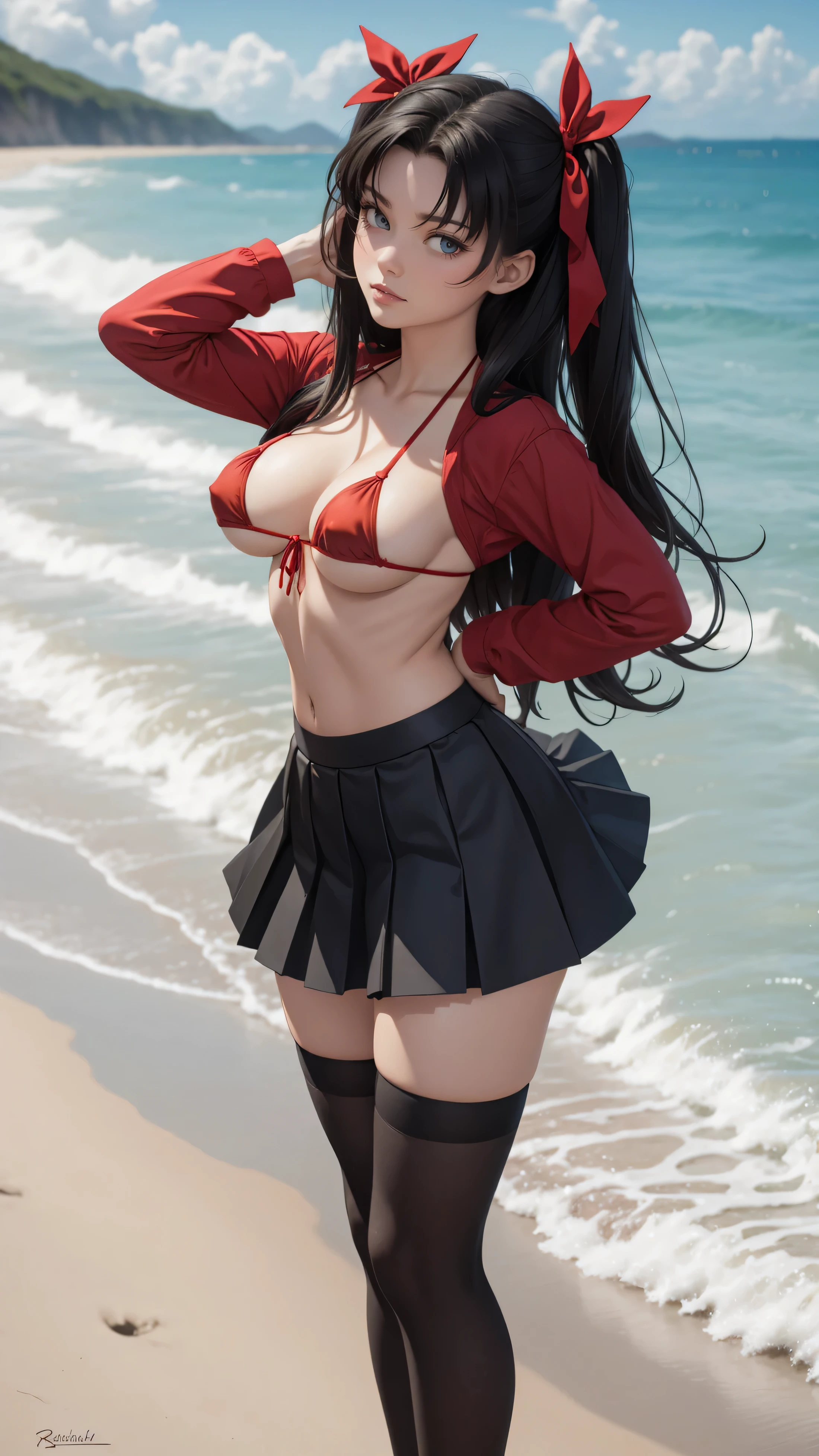 NSFW, (masterpiece), best quality, expressive eyes, perfect face, 1girl, solo, full body, rintohsaka, rin tohsaka, aqua eyes, huge breasts, black hair, hair ribbon, long hair, ribbon, sidelocks, two side up, black thighhighs, naked, miniskirt, pleated skirt, ((red micro bikini)), skirt, thighhighs, beach background, erotic pose, character sheet, upper body, portrait, facing at viewer