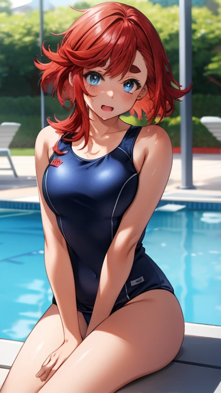 Tabletop, highest quality, Tabletop, Attention to detail, detailed face, detailed eyes, Rendered eyes, Perfect Eyes, Hip line, Ambient Occlusion, Clear images, detailed, wonderful,8k,8k Wallpaper,8k background, Attention to detail肌, High resolution,
One Girl, alone,Shame face、Open your mouth、 Deleting emails, ((School Swimsuit)), ((Redhead、blue eyes))、(Poolside)、Sit down