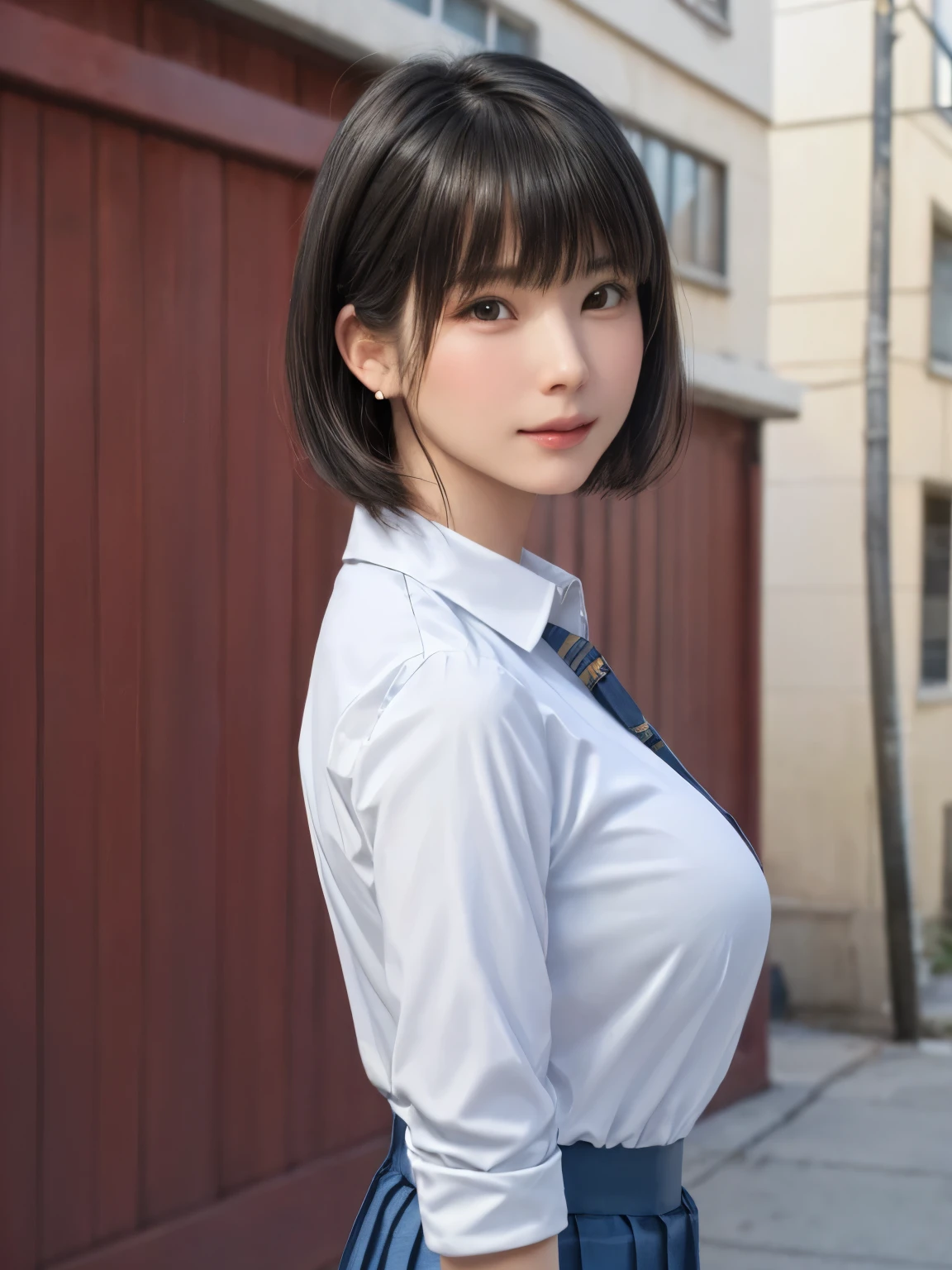 (masterpiece:1.3), (Realistic, RAW Photos, highest quality: 1.4), (One Girl), Beautiful Face, (超Realistic Face、シンメトリーのBeautiful Face), (Short black hair, short hair:1.6、bangs:1.3、Show off your beautiful ears), Beautiful Hairstyles, (Realistic eyes), Beautiful details, Long eyelashes, (Realistic Skin), Beautiful Skin, [Big Breasts:1.3], {Huge|big|Hugeな|Mega} chest, (Perfect body:1.3), (Detailed body:1.2), (tie), (Collared shirt, Pleated skirt:1.3), Absurd, charm, Ultra-high resolution, Ultra-realistic, Very detailed, Golden Ratio,Very cute beautiful woman、28 years old、Beautiful angle from behind、Background in front of the school building、smile、shut up.