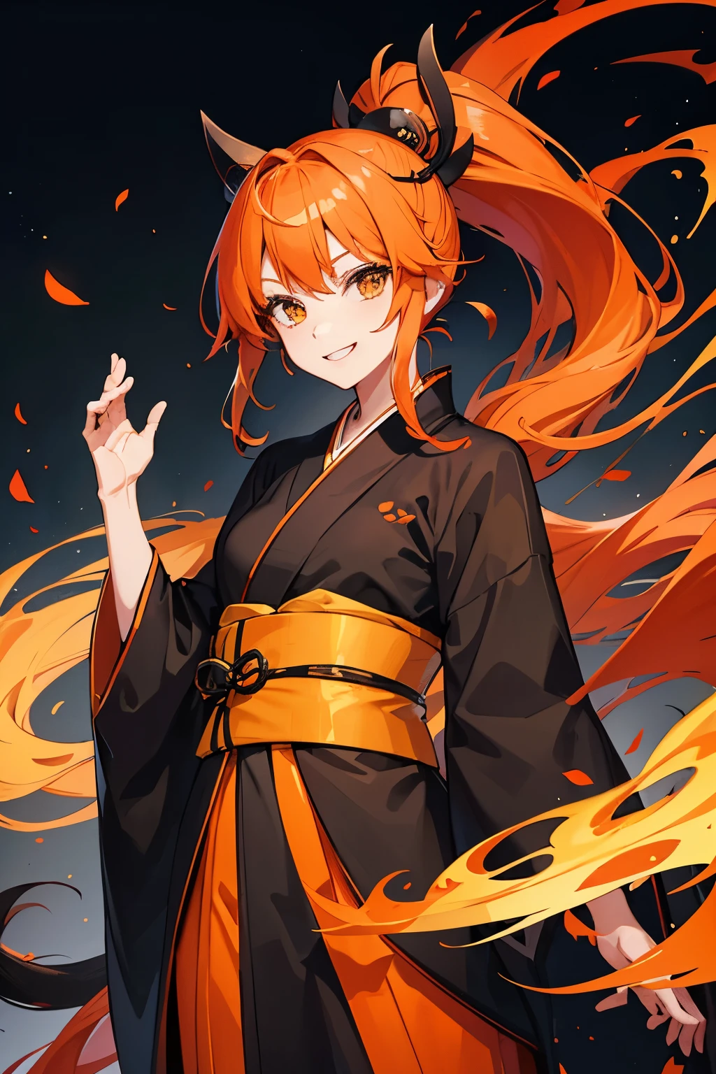 girl, orange hair, long hair, black shihakusho, black kimono, black hakama, smile