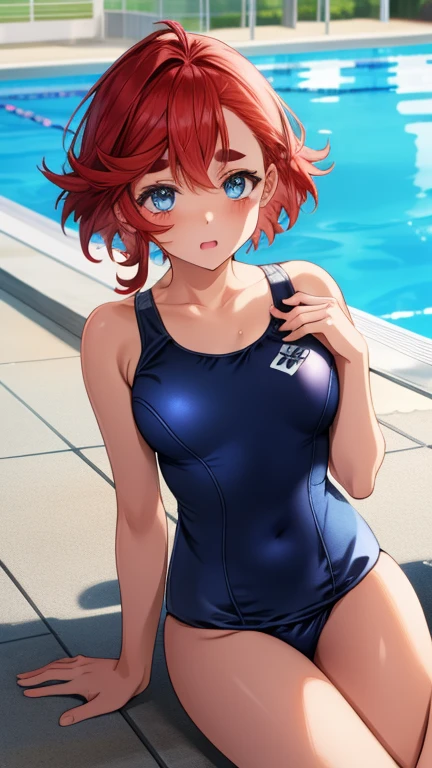 Tabletop, highest quality, Tabletop, Attention to detail, detailed face, detailed eyes, Rendered eyes, Perfect Eyes, Hip line, Ambient Occlusion, Clear images, detailed, wonderful,8k,8k Wallpaper,8k background, Attention to detail肌, High resolution,
One Girl, alone,Shame face、Open your mouth、 Deleting emails, ((School Swimsuit)), ((Redhead、blue eyes))、(Poolside)、Sit down