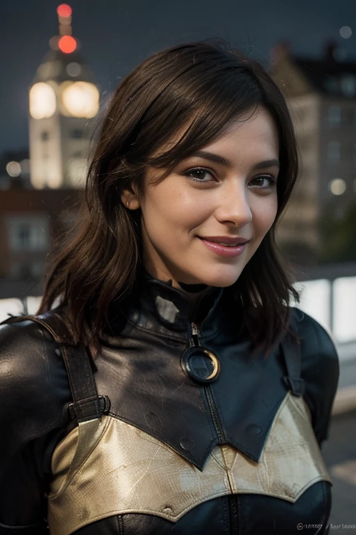 25 ans, brune, yeux marrons, delicate, professional light, flash lit, cheveux de longueur moyenne, grains de beauté, sourire romantique, Seductive look, bonne couverture, éclairée par les flashs des photographes, skin details, pores de la peau, visage fin, cheveux long, yeux marrons, HD, 8K, masterpiece, sourire romantique, on the roof of a building, batman cosplay, batman, combinaison de cuir, at night, under the rain