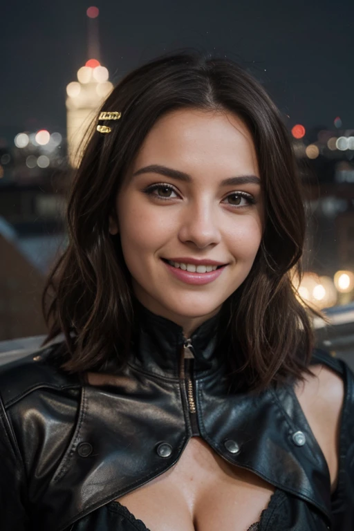 25 ans, brune, yeux marrons, delicate, professional light, flash lit, cheveux de longueur moyenne, grains de beauté, sourire romantique, Seductive look, bonne couverture, éclairée par les flashs des photographes, skin details, pores de la peau, visage fin, cheveux long, yeux marrons, HD, 8K, masterpiece, sourire romantique, on the roof of a building, batman cosplay, batman, combinaison de cuir, at night, under the rain