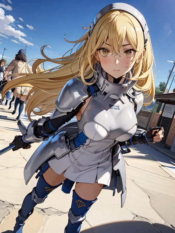 IA, 1 chica, solo, pelo rubio, armadura, pelo largo, pelo lacio, muslos, botas, vestido, ojos amarillos, thigh botas, blue long botas, calzado azul, ombligo cubierto, coraza, shoulder armadura, guantes, white vestido outdoor, soleado, de pie, session