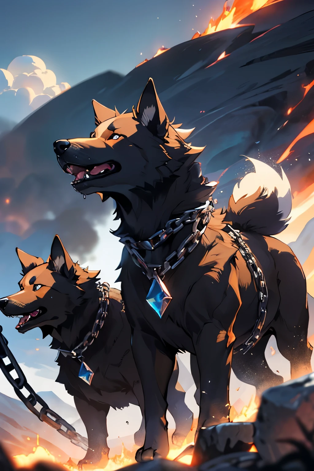 large three headed vicious dog wrapped in chains with a volcanic background around it and has a single gem on each of it's heads