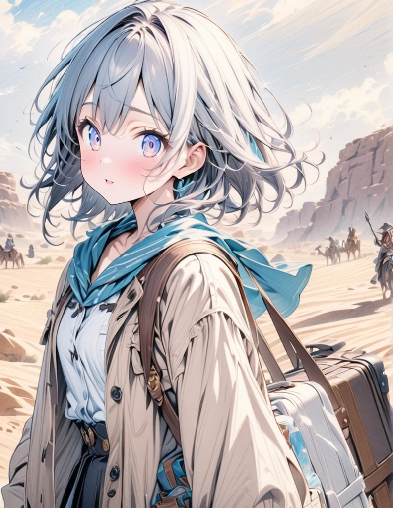 ((style:colored pencil,Pale colors)),(anime)、(masterpiece:1.2),Fantasy World、Traveling Merchant Girl、cute、luggage、traveller、Girl traveling in the desert