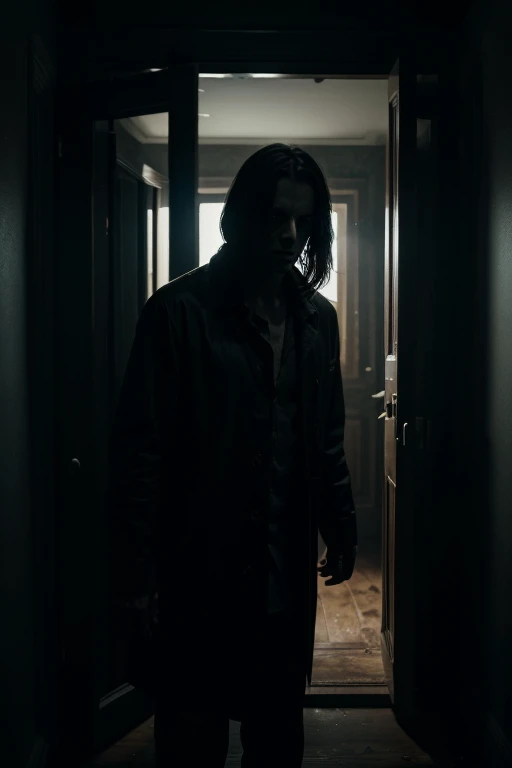 a terrifying, jeff the killer standing in front of a dark, ominous doorway, extreme horror, highly detailed, photorealistic, chiaroscuro lighting, ominous atmosphere, striking and unsettling composition, visceral and disturbing, (best quality,4k,8k,highres,masterpiece:1.2),ultra-detailed,(realistic,photorealistic,photo-realistic:1.37),dark fantasy,dramatic lighting,cinematic framing