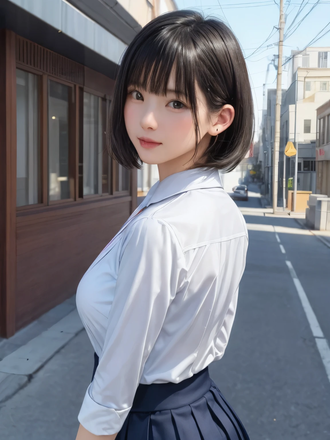 (masterpiece:1.3), (Realistic, RAW Photos, highest quality: 1.4), (One Girl), Beautiful Face, (超Realistic Face、シンメトリーのBeautiful Face), (Short black hair, short hair:1.6、bangs:1.3、Show off your beautiful ears), Beautiful Hairstyles, (Realistic eyes), Beautiful details, Long eyelashes, (Realistic Skin), Beautiful Skin, [Big Breasts:1.3], {Huge|big|Hugeな|Mega} chest, (Perfect body:1.3), (Detailed body:1.2), (tie), (Collared shirt, Pleated skirt:1.3), Absurd, charm, Ultra-high resolution, Ultra-realistic, Very detailed, Golden Ratio,Very cute beautiful woman、28 years old、Beautiful angle from behind、Background in front of the school building