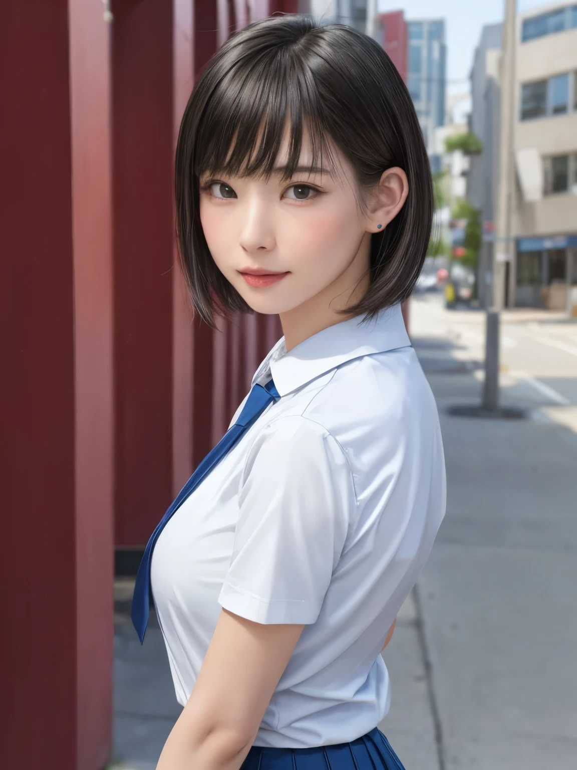 (masterpiece:1.3), (Realistic, RAW Photos, highest quality: 1.4), (One Girl), Beautiful Face, (超Realistic Face、シンメトリーのBeautiful Face), (Short black hair, short hair:1.6、bangs:1.3、Show off your beautiful ears), Beautiful Hairstyles, (Realistic eyes), Beautiful details, Long eyelashes, (Realistic Skin), Beautiful Skin, [Big Breasts:1.3], {huge|big|hugeな|Mega} chest, (Perfect body:1.3), (Detailed body:1.2), (tie), (Collared shirt, Pleated skirt:1.3), Absurd, charm, Ultra-high resolution, Ultra-realistic, Very detailed, Golden Ratio,Very cute beautiful woman、28 years old、Beautiful angle from the back