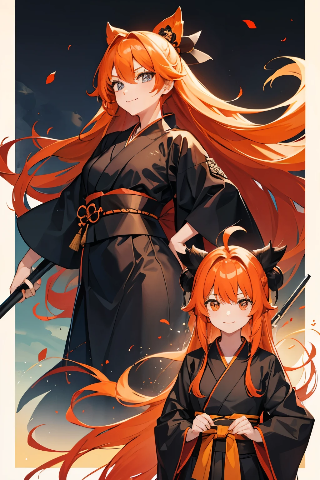girl, orange hair, long hair, black shihakusho, black kimono, black hakama, smile