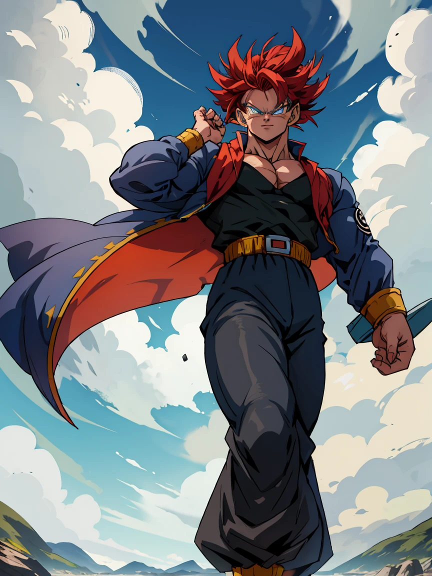 (obra maestra, mejor calidad:1.2), tiro de vaquero, solo, enfoque masculino, 1 chico, swimsuit \(Dragon Ball\), inexpresivo, boca cerrada, mirando al espectador, brazos cruzados, cabello purpura, blue eyes, chaqueta, camisa, pantalones, espada