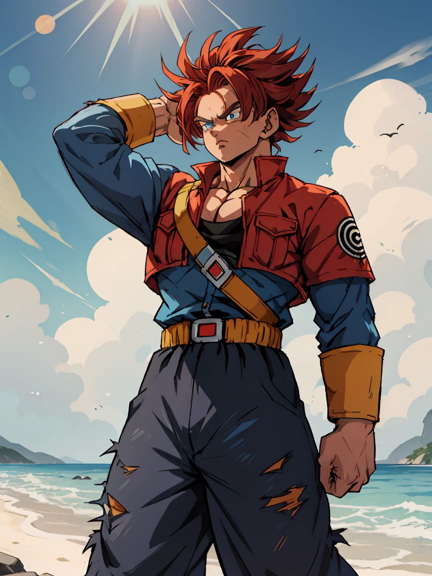 (obra maestra, mejor calidad:1.2), tiro de vaquero, solo, enfoque masculino, 1 chico, swimsuit \(Dragon Ball\), inexpresivo, boca cerrada, mirando al espectador, brazos cruzados, cabello purpura, blue eyes, chaqueta, camisa, pantalones, espada