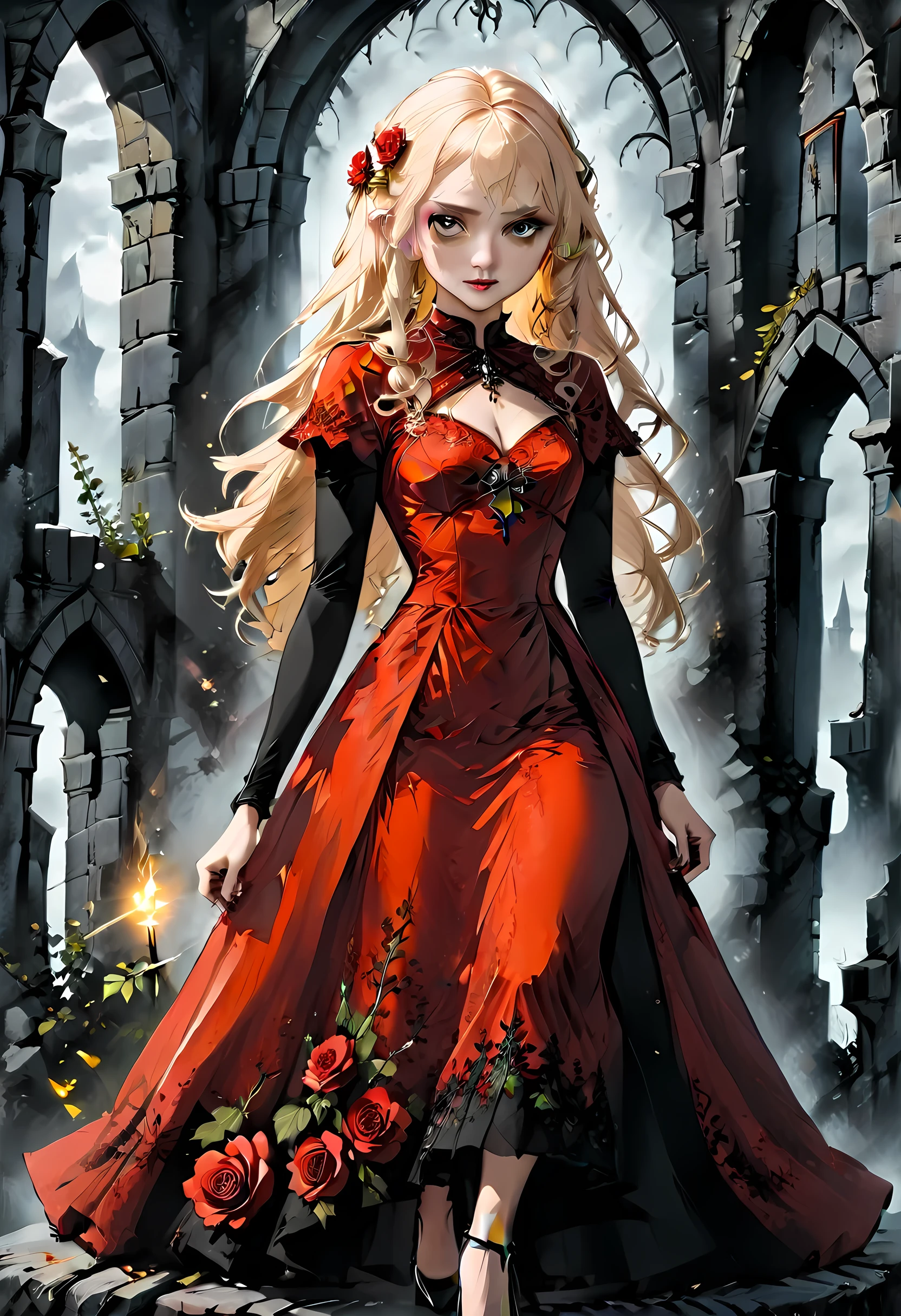 Dark fantasy art, fantasy art, goth art,  a picture of a female vampire, exquisite beauty, full body shot, dark glamour shot,  pale white skin, blond hair, long hair, wavy hair, (glowing grey: 1.3) eyes,  she  wears a (red: 1.3) red dress, ArmoredDress, the roses are imprinted on the dress (black: 1.4)  black roses, high heels, dark castle, dark, black and color, Dark Art Painting Style, flower dress