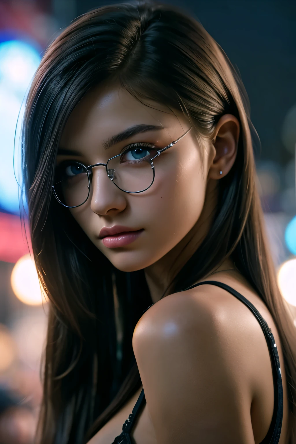 (ultra realistic,32k,RAW photo:1.1),(high detailed skin:1.1), 8k uhd, dslr, high quality, film grain
a girl in valentine's day waiting for her boyfriend showing her , pale skin, straight hair, long hair, sexy, ((detailed )), festival scenery, blue eyes, glasses, medium breasts, flirtatious, black straight hair, ((very detailed)), perfectly detailed face, detailed hand, photorealistic image. (upper body:1.2),
 (busty:1.1) ,  (chubby:0.1),(volumetric lighting:1.2), dark theme blank background