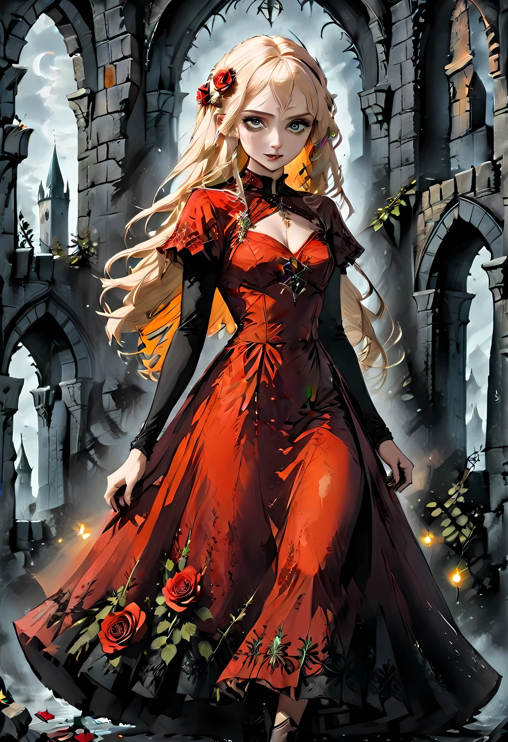 Dark fantasy art, fantasy art, goth art,  a picture of a female vampire, exquisite beauty, full body shot, dark glamour shot,  pale white skin, blond hair, long hair, wavy hair, (glowing grey: 1.3) eyes,  she  wears a (red: 1.3) red dress, ArmoredDress, the roses are imprinted on the dress (black: 1.4)  black roses, high heels, dark castle, dark, black and color, Dark Art Painting Style, flower dress