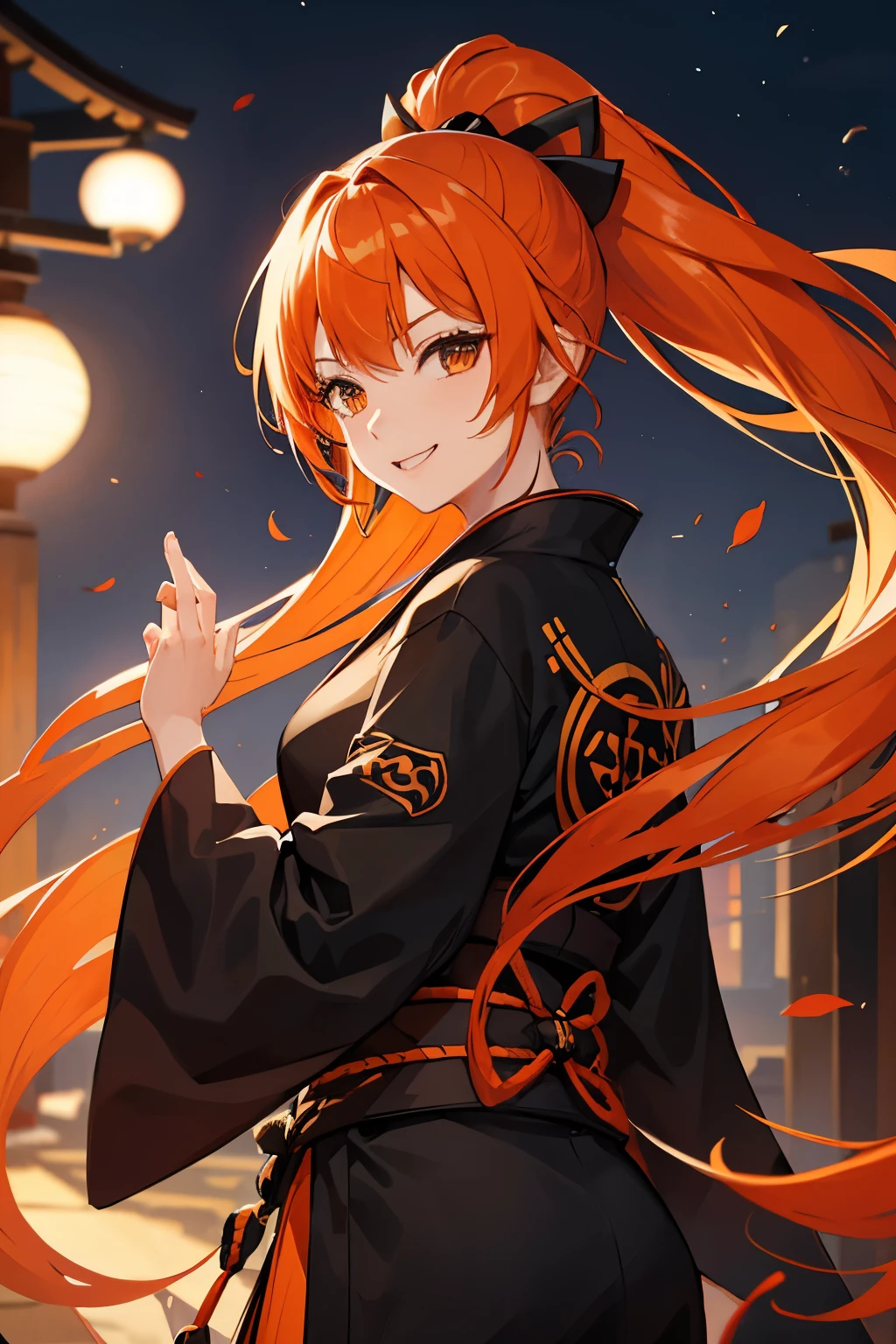 girl, orange hair, long hair, ponytail, black shihakusho, black kimono, black hakama, smile