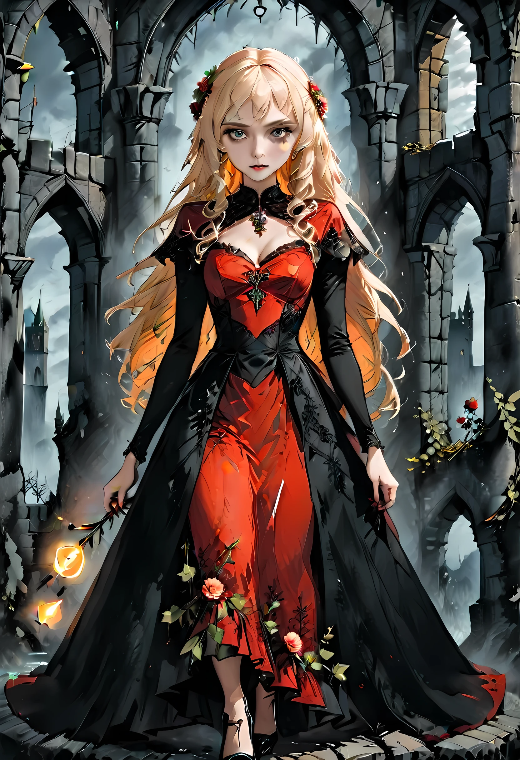 Dark fantasy art, fantasy art, goth art,  a picture of a female vampire, exquisite beauty, full body shot, dark glamour shot,  pale white skin, blond hair, long hair, wavy hair, (glowing grey: 1.3) eyes,  she  wears a (red: 1.3) red dress, ArmoredDress, the roses are imprinted on the dress (black: 1.4)  black roses, high heels, dark castle, dark, black and color, Dark Art Painting Style, flower dress