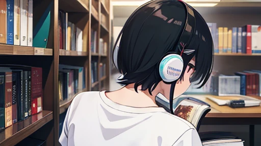 Japanese anime style、pretty girl、Headphones on、Bob Hair、Black Hair、T-Shirts、Back view of a man reading a book、I can&#39;t see your face、night、Outside the window is a starry sky、night景