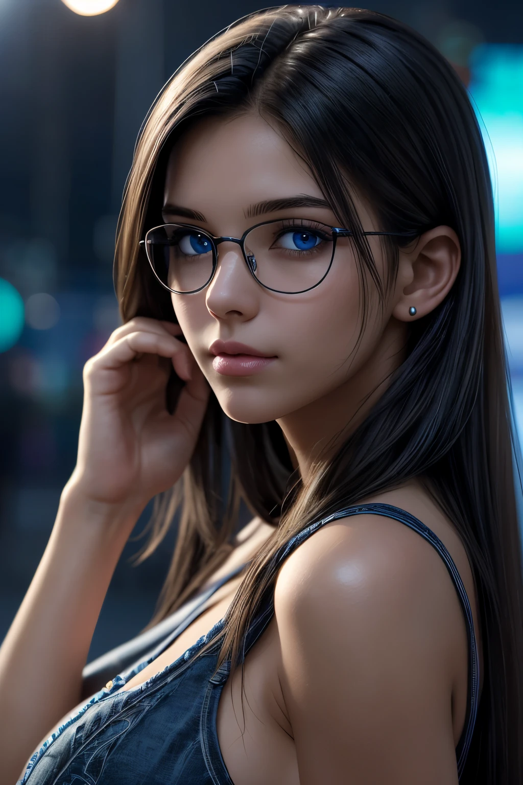 (ultra realistic,32k,RAW photo:1.1),(high detailed skin:1.1), 8k uhd, dslr, high quality, film grain
a girl in valentine's day waiting for her boyfriend showing her , pale skin, straight hair, long hair, sexy, ((detailed )), festival scenery, blue eyes, glasses, medium breasts, flirtatious, black straight hair, ((very detailed)), perfectly detailed face, detailed hand, photorealistic image. (upper body:1.2),
 (busty:1.1) ,  (chubby:0.1),(volumetric lighting:1.2), dark theme blank background