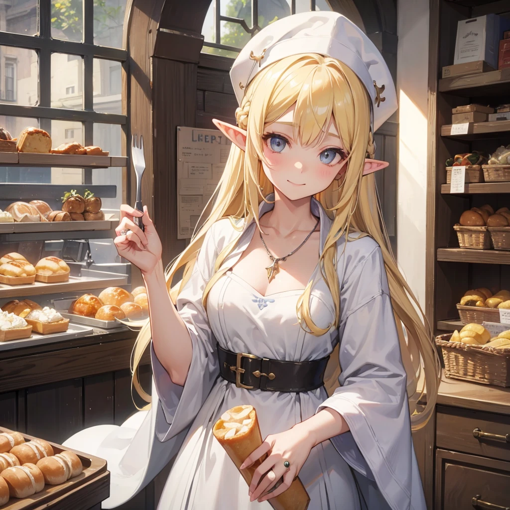 A sexy girl half elf wizard, White cleric robe, cleric hat, gray eyes, vegetable in hand, Bakery Shop background,8k, masterpiece, best quality, highly detailed, one girl, half-elf, Yellow hair colour, solo, long straight hair, wearing necklace, gorgeous, friendly, sad smile,sexy, close ups view, rings, looking at viewer, alone, alone, cooking,