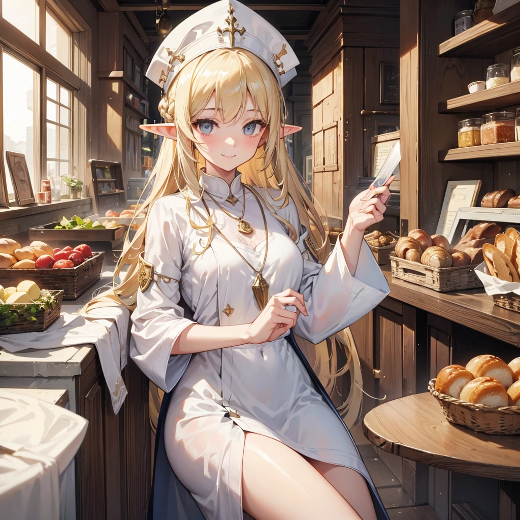 A sexy girl half elf wizard, White cleric robe, cleric hat, gray eyes, vegetable in hand, Bakery Shop background,8k, masterpiece, best quality, highly detailed, one girl, half-elf, Yellow hair colour, solo, long straight hair, wearing necklace, gorgeous, friendly, sad smile,sexy, close ups view, rings, looking at viewer, alone, alone, cooking,