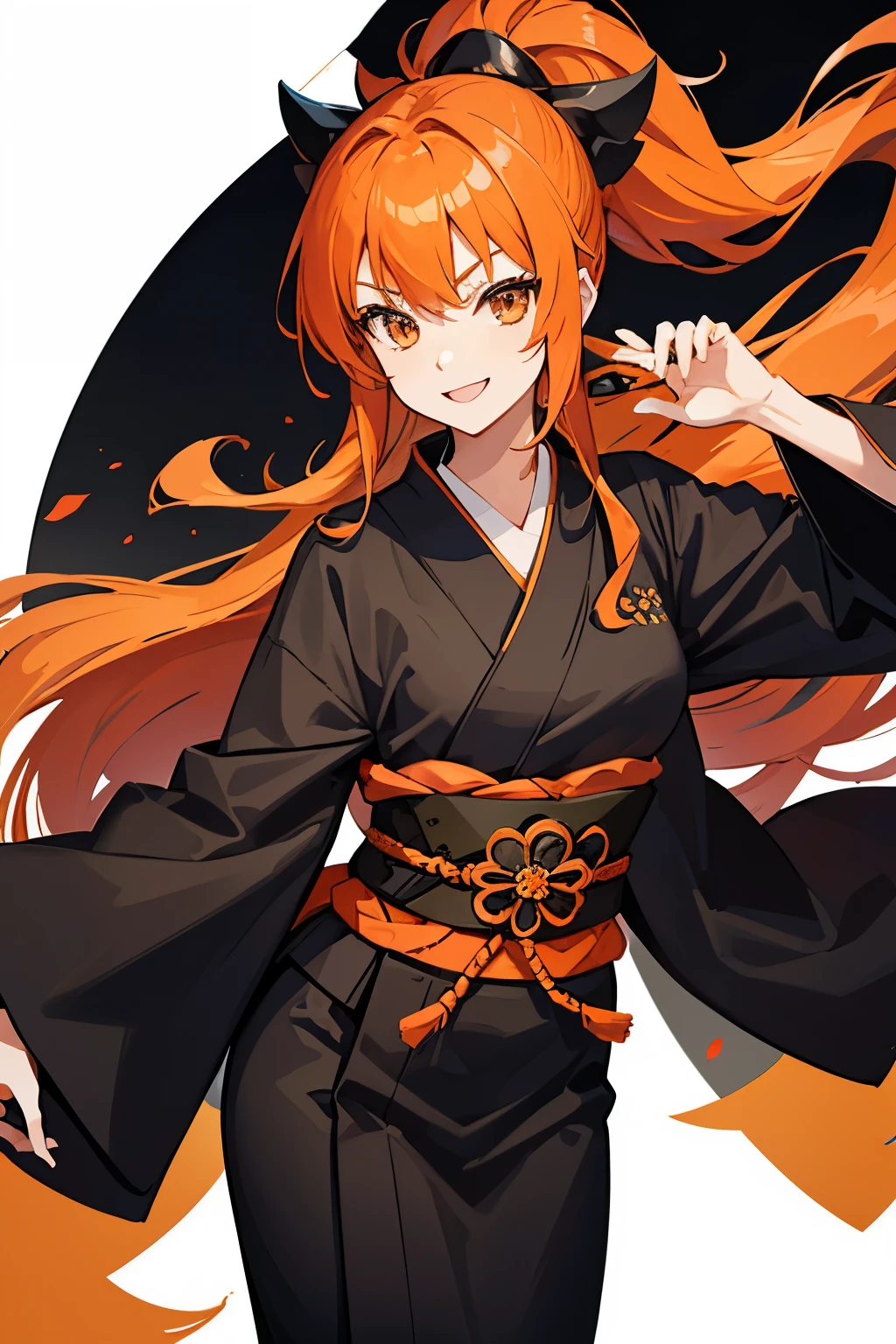 girl, orange hair, long hair, black shihakusho, black kimono, black hakama, smile