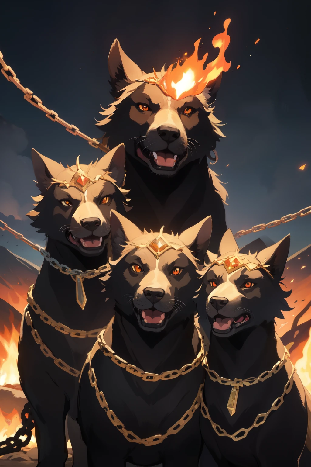 large three headed vicious canine wrapped in chains with a volcanic background and has a single gem on each of it's heads
