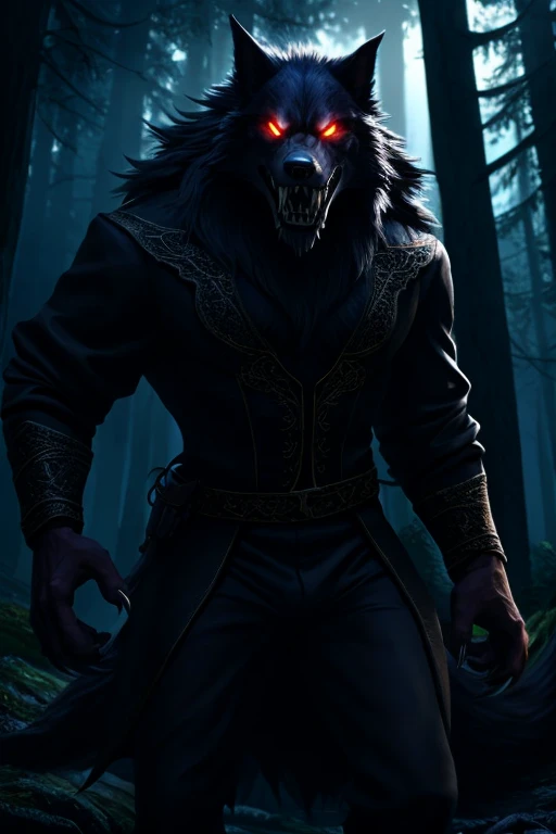 anthropomorphic vampire wolf under the full moon looking out with its red eyes and fangs stained with blood, He wears a hood like Dracula's, with visible chest looking on a roof of a 3d castle