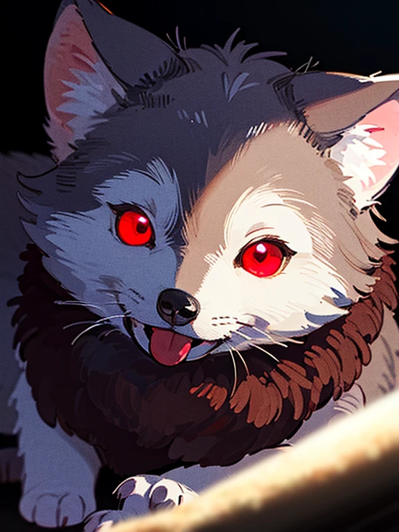 Grainy, very detailed, intricate details, dynamic lighting, realistic, cinematic, natural lighting, M0NST3Rfy3, wolf cub, red glowing eyes, :P, (fluffy: 1.2), glowing stripes, dark forest, dark theme, open mouth, lots of teeth, abyss in the mouth,