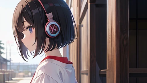 Japanese anime style、pretty girl、Headphones on、Bob Hair、Black Hair、T-Shirts、Right behind、I can't see your face
