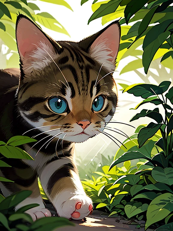 grainy, extremely detailed, intricate details, dynamic lighting, photorealistic, filmg, natural lighting, m0nst3rfy3, Prompt: kitten moves between tall trees and dense bushes. Sunlight penetrates through the leaves, creating rays of light that illuminate the cat's path. She looks around, eyes curious and wary.