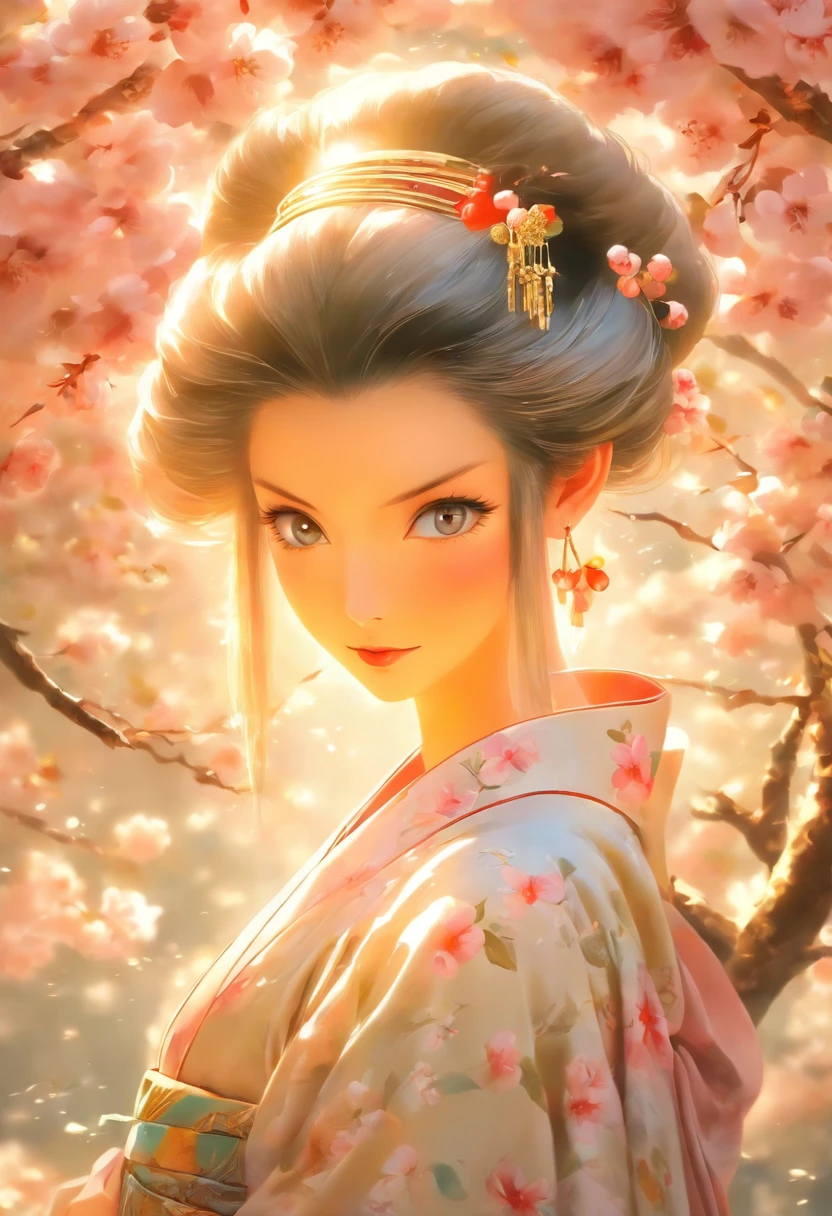 Woman, Asian appearance, black straight hair, kimono, in the garden, with beautiful cherry trees around her, unearthly beauty, Galadriel, beautiful painting in fantasy style., inspired by Nene Thomas, unearthly fairytale, inspired by Edward Robert Hughes, Oil painting in fantasy style., unearthly!!!!!!!, unearthly!!!, Fascinated by the spirit of nature, unearthly fantasy