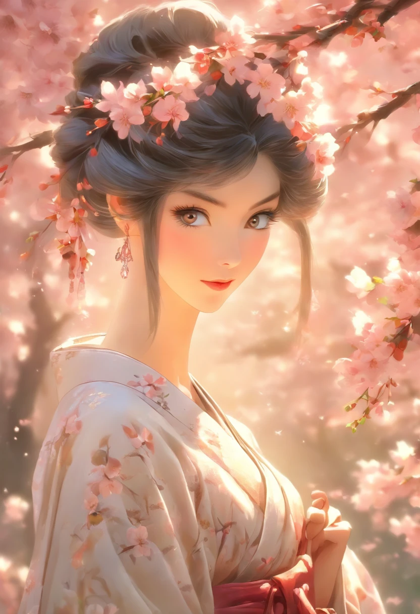 Woman, Asian appearance, black straight hair, kimono, in the garden, with beautiful cherry trees around her, unearthly beauty, Galadriel, beautiful painting in fantasy style., inspired by Nene Thomas, unearthly fairytale, inspired by Edward Robert Hughes, Oil painting in fantasy style., unearthly!!!!!!!, unearthly!!!, Fascinated by the spirit of nature, unearthly fantasy