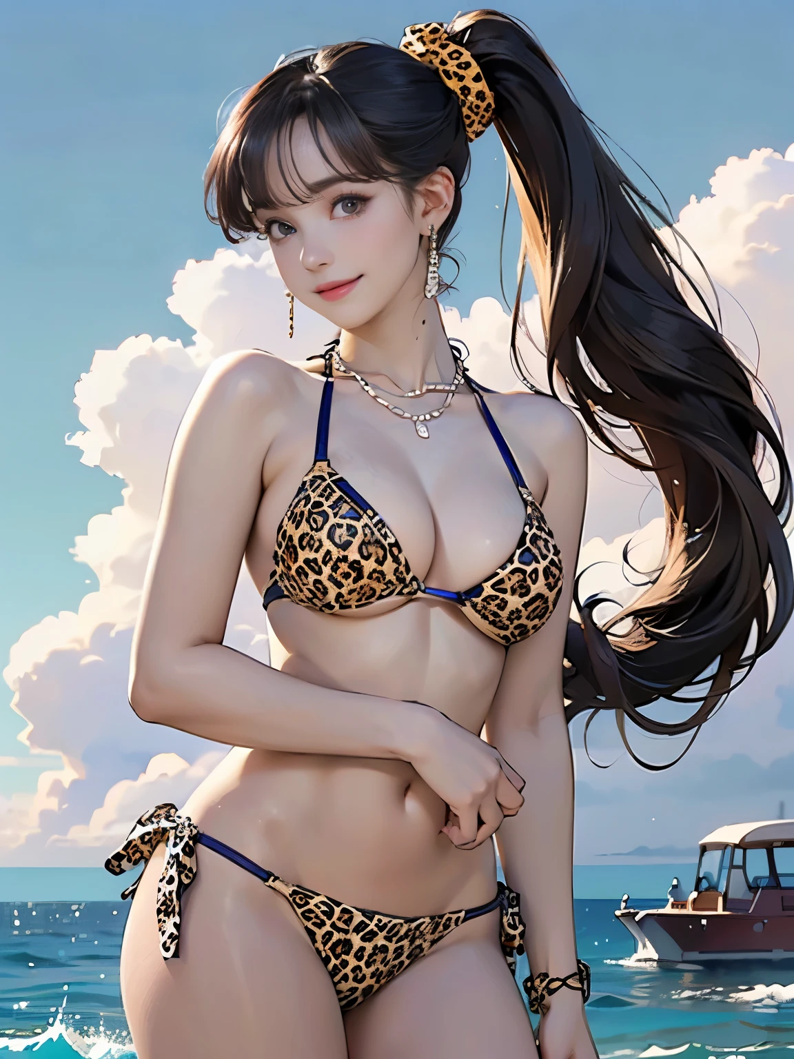 ((((highest quality))))、(((Ultra-precision CG16K wallpaper)))、(((masterpiece)))、(((Super detailed)))、(((Extreme detail)))、((1Mature 29 year old woman:1.6))、((Very beautiful Japanese faces))、((Zuo々Nozomi:1.5))、((Soft Wave Ponytail Long Hair、blunt bangs:1.5))、(Shiny brown hair)、Beautiful delicate eyes、Brown Eyes、eyeliner、Eyeshadow、High nose、Small nostrils、Small Mouth、Seductive lips、Beautiful breasts、((C cup size breasts))、Cleavage、Beautiful feet、eight-headed body、Perfect proportions、Perfect Anatomy、Perfect composition、Beautiful detailed shading、Beautiful, natural lighting、Beautiful detail glow、Depth of written boundary、(((High chroma)))、(((Real:1.9)))、((vivid:1.5))、((Beautiful Skin))、((Skin Texture))、((Realな皮膚感))、(((Cowboy Shot:1.6)))、((front view、shoot from front、Front low angle:1.6))、(((smile:1.6)))、((The woman is looking at this、looking at viewer、Facing forward:1.6))、Bright daylight、Natural light、(((Ocean、blue sky、cloud:1.5)))、(Standing pose:1.6)、(((Leopard print bikini swimsuit:1.6)))、((Scrunchie、Earrings、Wearing a necklace:1.5))、