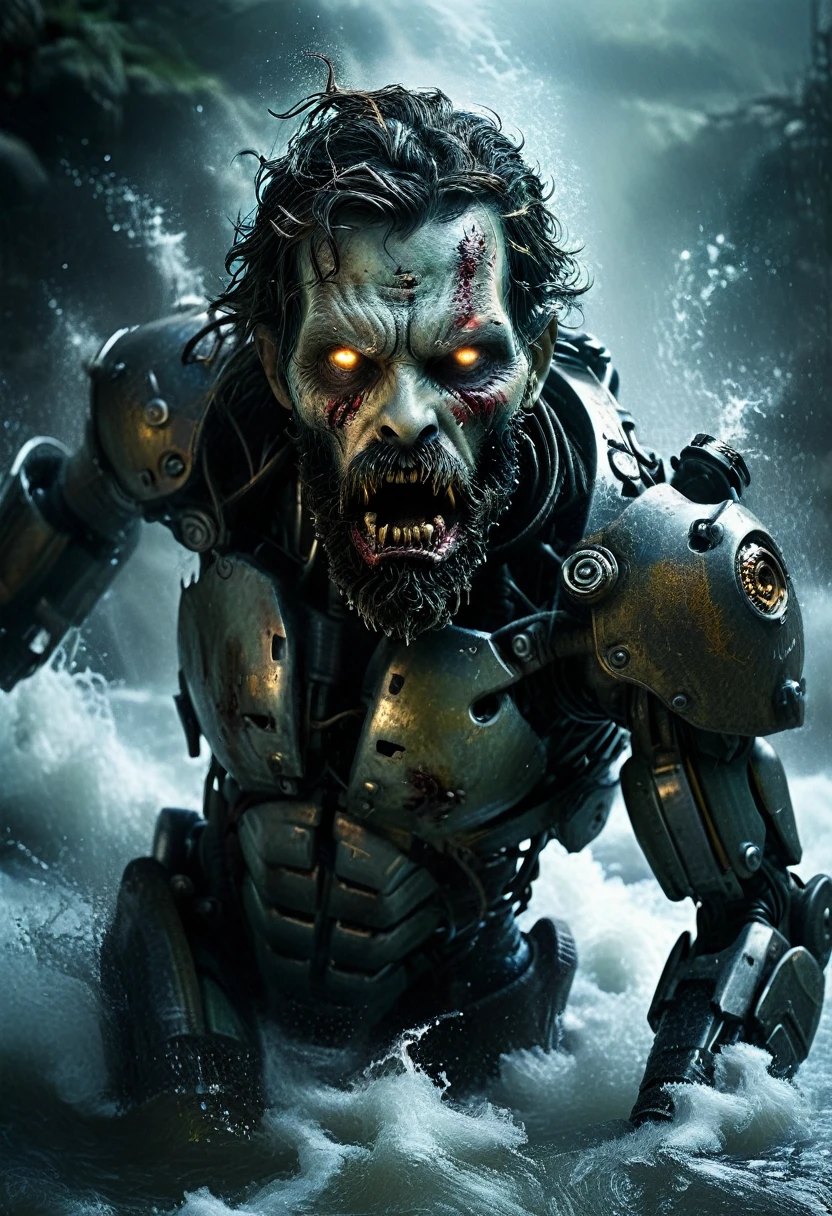 Imagine a nightmarish scene where a high-realistic robotic male zombie emerges from a chilled river in a terrifying environment. This nightmarish figure is meticulously rendered with a half of its hair intact, sporting a disheveled beard, and bearing a scar on its face that adds to the horror. As this zombie emerges from the icy river, the chilling waters cascade from its mechanical form. The environment is shrouded in an eerie darkness, with mist hanging in the air, creating a palpable sense of fear. The realistic rendering of the robotic features, combined with the undead characteristics, blurs the line between man and machine in a truly terrifying way. This professional and spine-chilling portrayal captures the essence of horror as the robotic zombie, with half a head of hair, a beard, and a facial scar, emerges from the frigid river in a nightmarish environment, sending shivers down the spine of anyone who beholds the scene.
