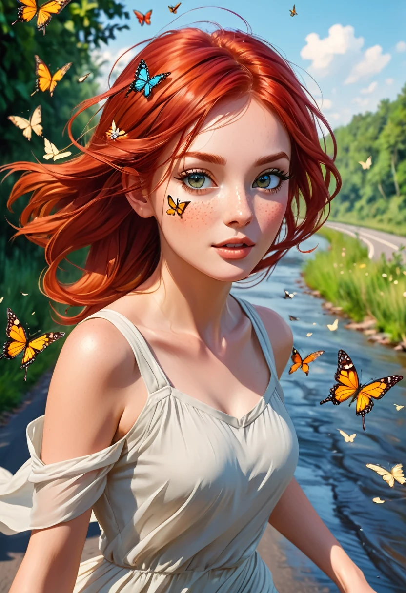 a beautiful girl with a beautiful face, with red hair, runs along the road along the river, butterflies fly around