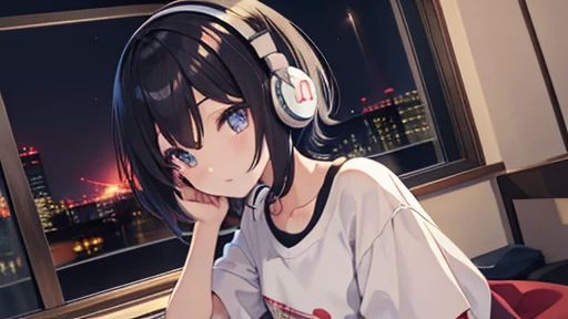 Japanese anime style、pretty girl、Headphones on、Bob Hair、Black Hair、T-Shirts、PC in the room、Night view from the window、It's raining outside the window、dawn、