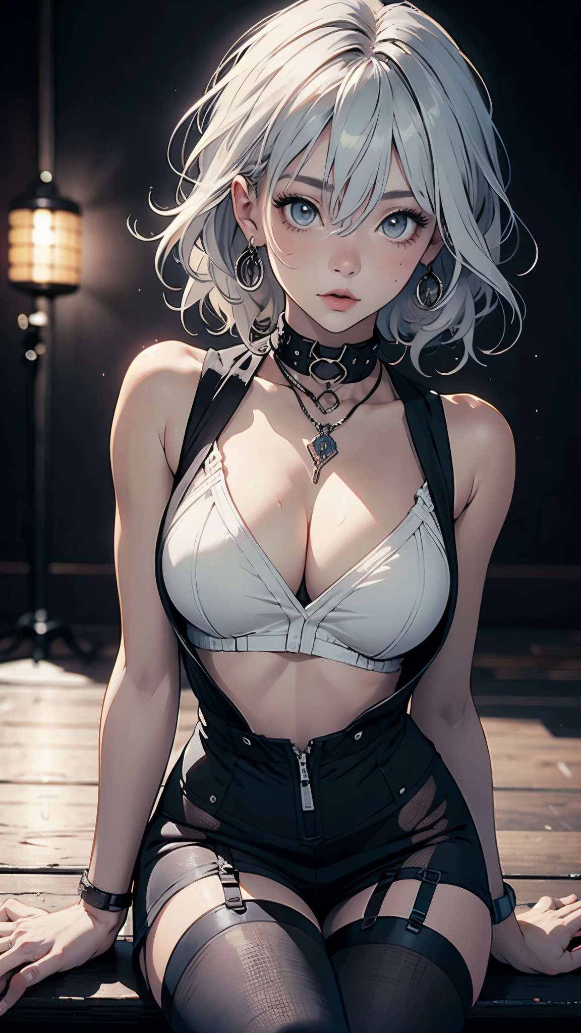 1girl(YoRHa 2-gou B-gata - Nier: Automata), beautiful detailed eyes, beautiful detailed lips, extremely detailed face, extremely detailed eyes, long eyelashes, slender athletic body, tanned skin, medium breasts, sharp facial features, long elegant legs, she is dressed in a torn black T-shirt-top (tummy is visible) and a short black latex skirt (panties are visible, very tight), squatting pose, nsfw, photorealistic, 8k, high quality, detailed, realistic, masterpiece, professional, vivid colors, studio lighting, physically-based rendering.
