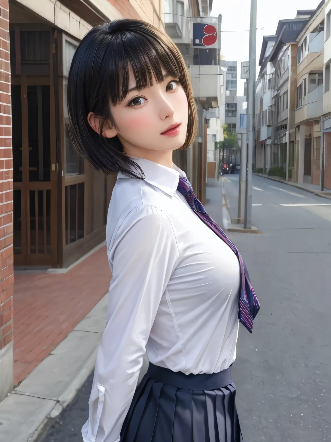 (masterpiece:1.3), (Realistic, RAW Photos, highest quality: 1.4), (One Girl), Beautiful Face, (超Realistic Face、シンメトリーのBeautiful Face), (Short black hair, short hair:1.6、bangs:1.3、Show off your beautiful ears), Beautiful Hairstyles, (Realistic eyes), Beautiful details, Long eyelashes, (Realistic Skin), Beautiful Skin, [Big Breasts:1.3], {Huge|big|Hugeな|Mega} chest, (Perfect body:1.3), (Detailed body:1.2), (tie), (Collared shirt, Pleated skirt:1.3), Absurd, charm, Ultra-high resolution, Ultra-realistic, Very detailed, Golden Ratio,Very cute beautiful woman、28 years old、Beautiful angle from behind、Background in front of the school building