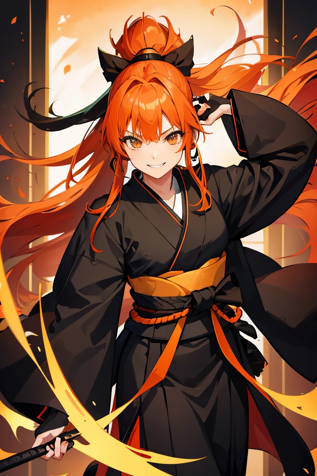 girl, orange hair, long hair, ponytail, black shihakusho, black kimono, black hakama, smile