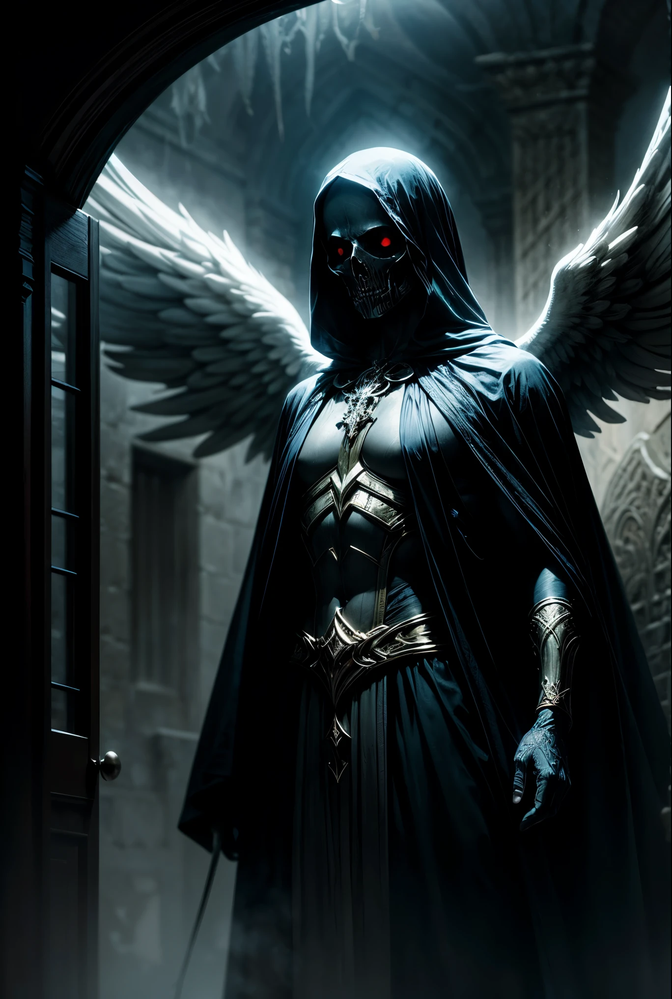 Angel of Death, A mysterious and ethereal figure who guards the threshold between life and death. His presence is enigmatic and powerful.., con alas inmensas que se extienden hacia el horizonte y una mirada penetrante que transmite serenidad y temor. He uses cool tones and deep shadows to emphasize his ethereal nature and his connection to the realm of death....(dark ilumination), ( Ethereal lighting),(Spectral illumination)