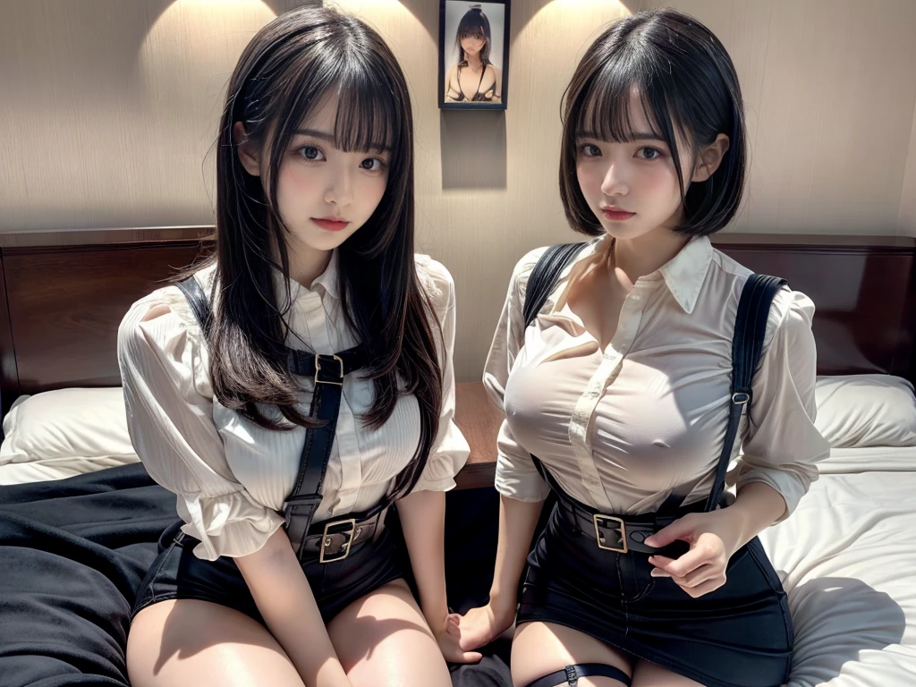 muste piece, best quality, illustration, Super detailed, fine details, High resolution, 8K,wall paper, perfect dynamic composition,(Details High quality, realistic depiction of eyes:1.3),((2 girls)), (Fashionable, a belt black suspenders, Aside Cutter Shirt, a miniskirt, garterbelts), short bob hair, large breasts, black hair color, Big Natural Color Lip, (perfect body shape), Touching each other's bodies,Touching the body of the girl next door,crying a little、cold gaze, Harajuku style、20 year old girl、beautiful legs, hotel room, Gravure Idol, Voluptuous thighs, (woman on top, straddling, sitting)