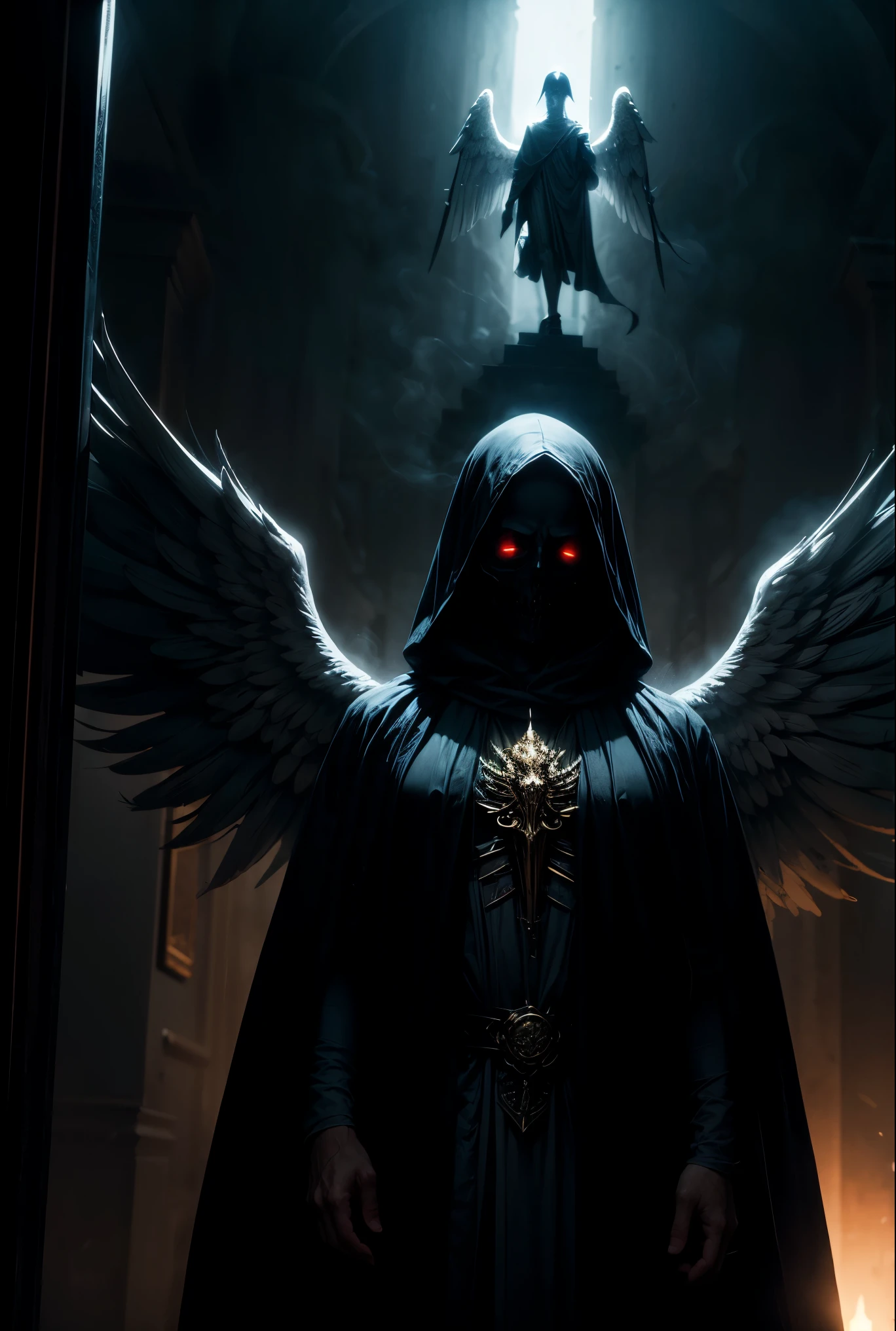 Striking illustration of the Angel of Death., A mysterious and ethereal figure who guards the threshold between life and death.. His presence is enigmatic and powerful...., con alas inmensas que se extienden hacia el horizonte y una mirada penetrante que transmite serenidad y temor. He uses cool tones and deep shadows to emphasize his ethereal nature and his connection to the realm of death......(dark lighting), ( ethereal lighting),(Spectral illumination)