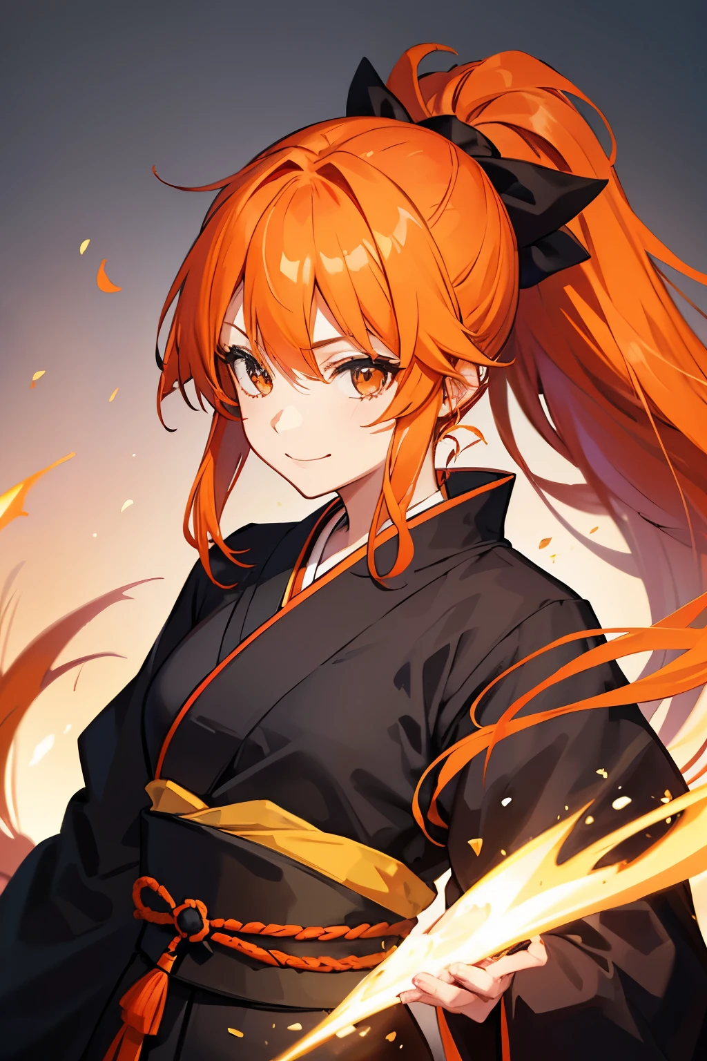 girl, orange hair, long hair, ponytail, black shihakusho, black kimono, black hakama, smile